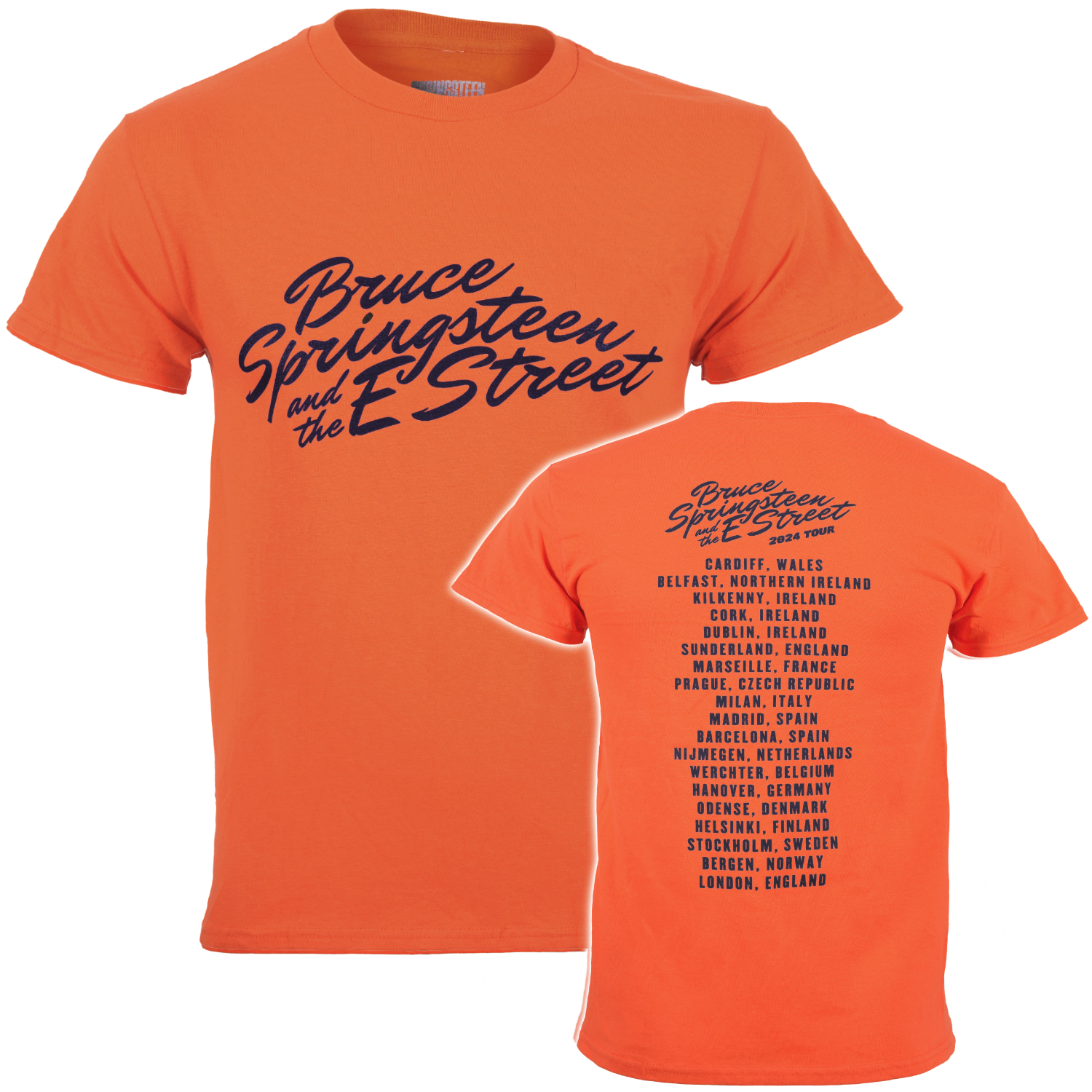 Official Bruce Springsteen Orange Ex Tour t-shirt with 'Bruce Springsteen and the E Street' text on front and 2024 Tour locations on the back