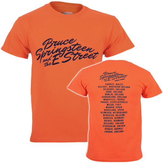 Official Bruce Springsteen Orange Ex Tour t-shirt with 'Bruce Springsteen and the E Street' text on front and 2024 Tour locations on the back