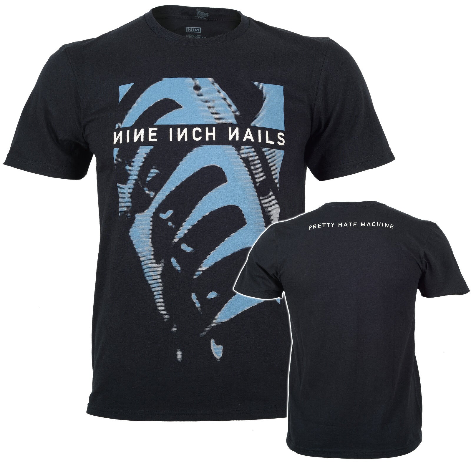 a black official nine inch nails t shirt with pretty hate machine graphic on the front and text on the back