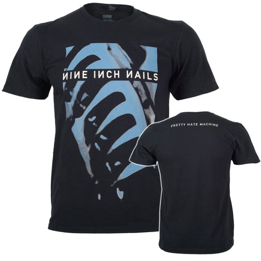 a black official nine inch nails t shirt with pretty hate machine graphic on the front and text on the back