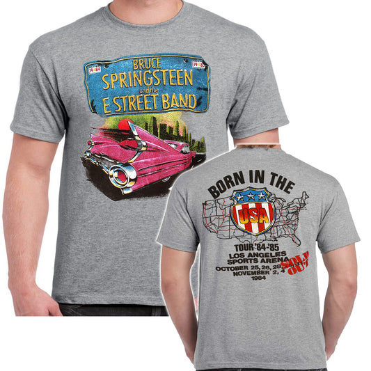 Gray t-shirt with official Bruce Springsteen and E Street Band pink cadillac design on front and back