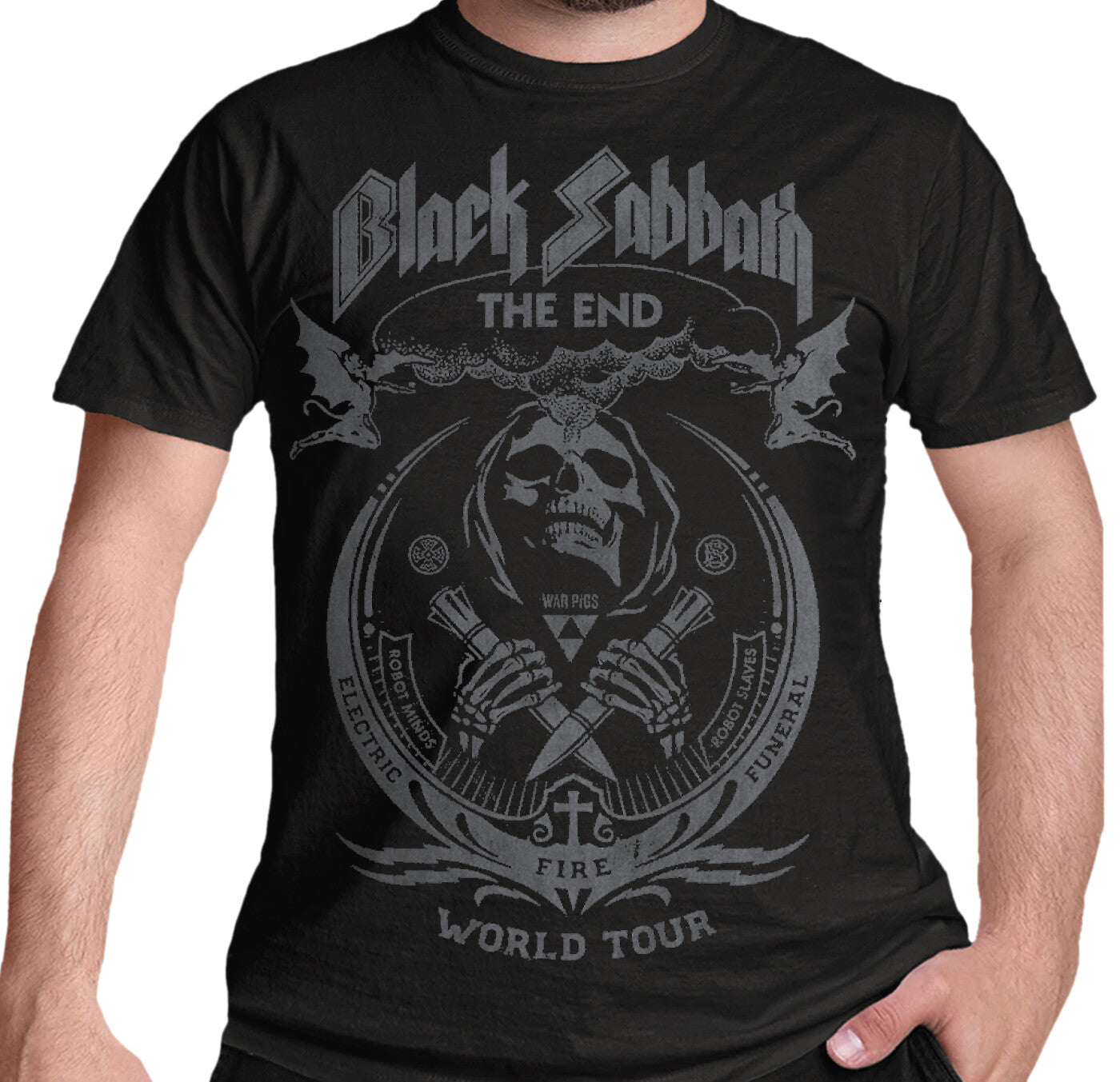 mens official black sabbath t shirt with the end world tour graphic print on the front