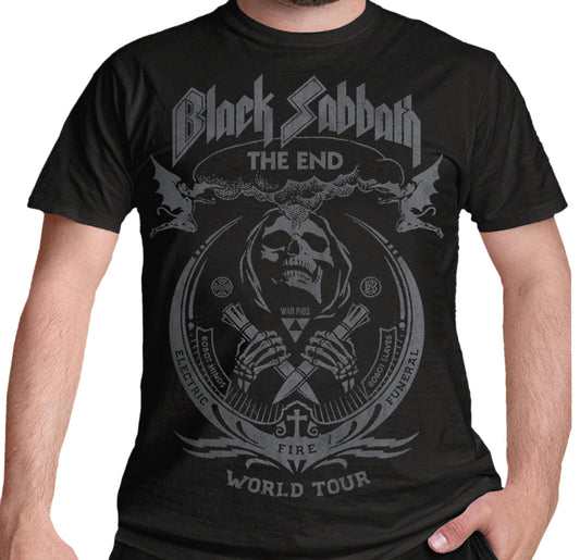 mens official black sabbath t shirt with the end world tour graphic print on the front