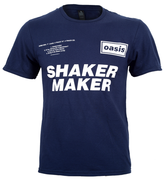a blue official oasis t shirt with an oasis shakermaker graphic on the front