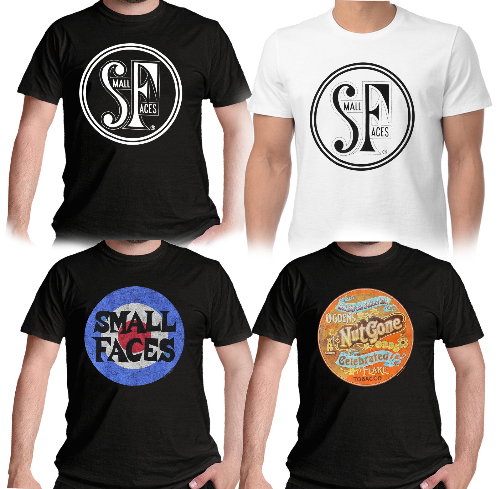 Four Official Small Faces t-shirts with different designs worn by people on a white background
