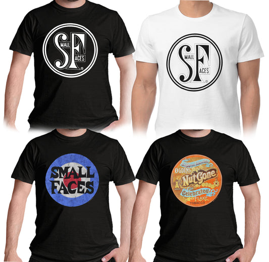 Four Official Small Faces t-shirts with different designs worn by people on a white background