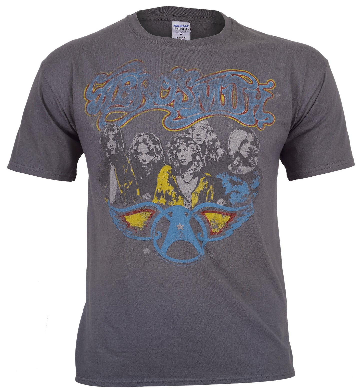 Gray Official Aerosmith t-shirt with graphic design of the band members and the Aerosmith logo  on a white background