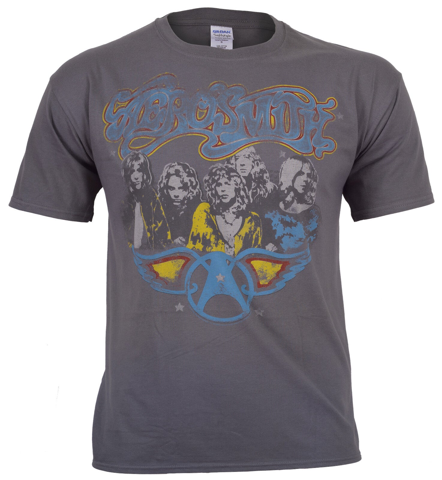 Gray Official Aerosmith t-shirt with graphic design of the band members and the Aerosmith logo  on a white background