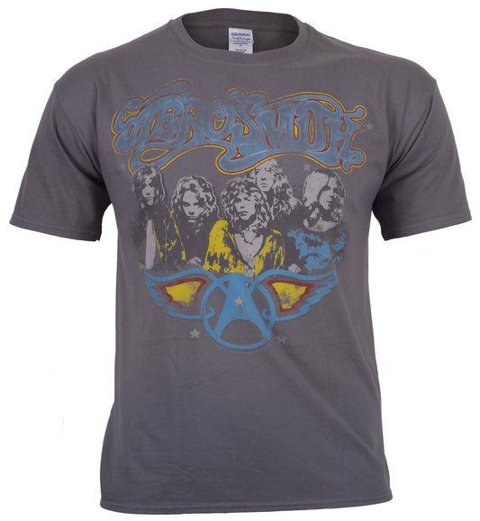 Gray Official Aerosmith t-shirt with graphic design of the band members and the Aerosmith logo  on a white background