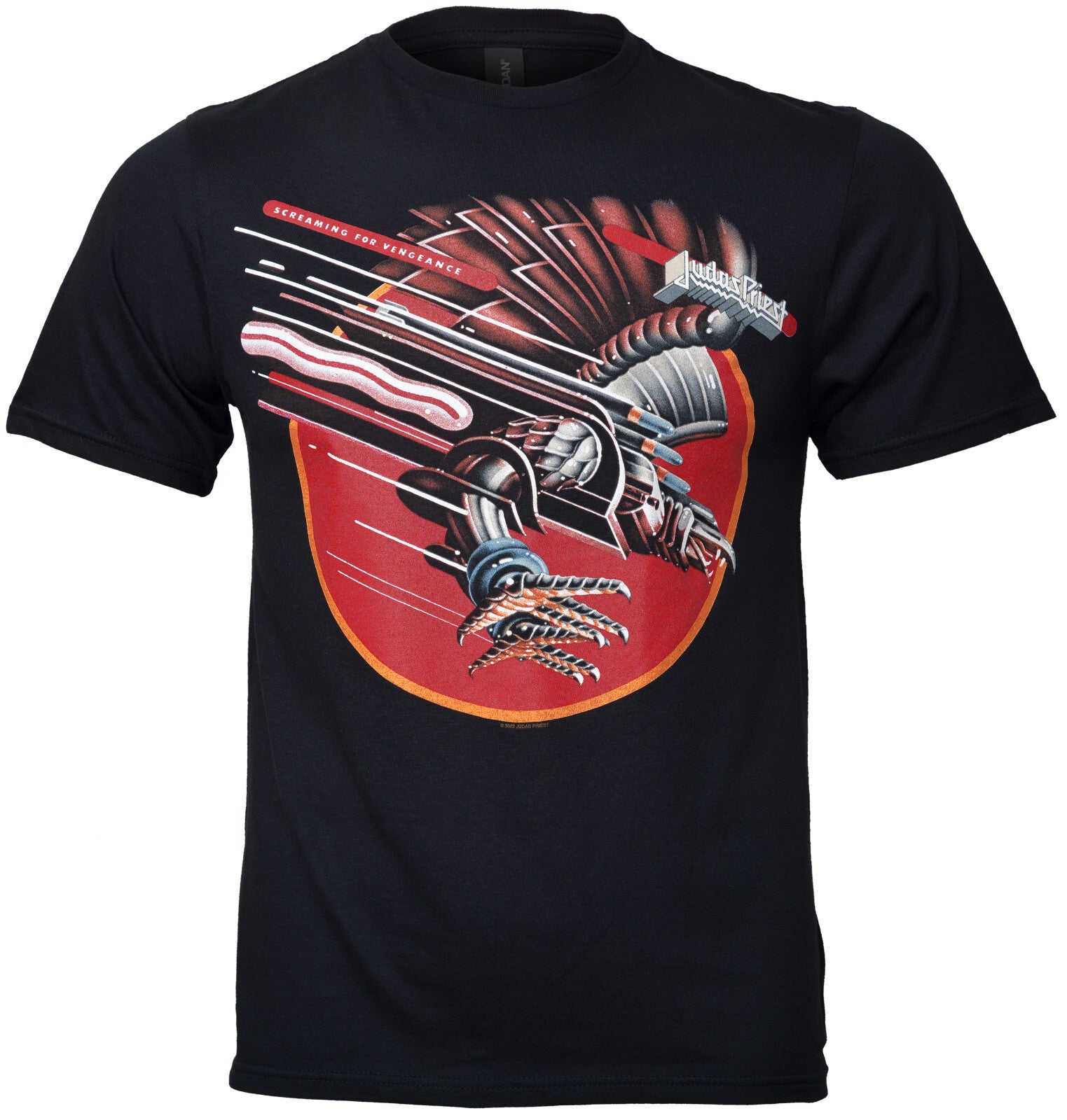 an officially licensed Black Judas Priest T Shirt with a front graphic print of the Judas Priest Screaming for Vengeance Album cover artwork on the front