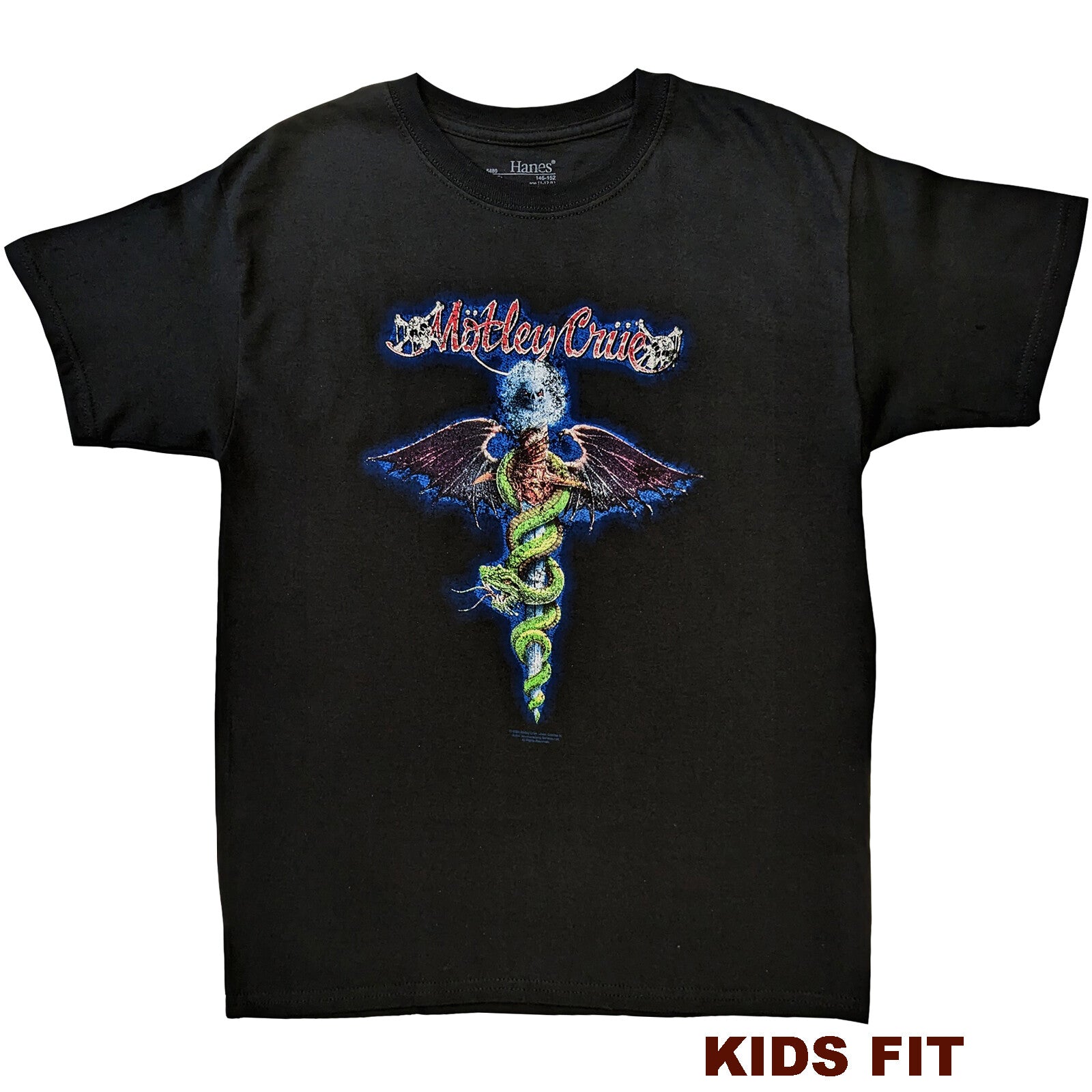 Black Official Motley Crue t-shirt with colorful graphic design and 'Motley Crue' text on a white background