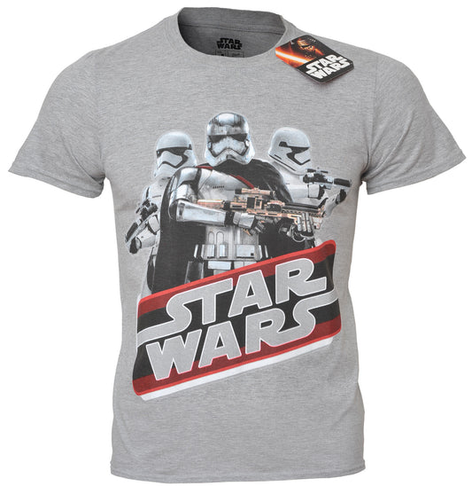 official star wars grey t shirt with captain phasma print flanked by 2 storm troopers on the front above the word star wars