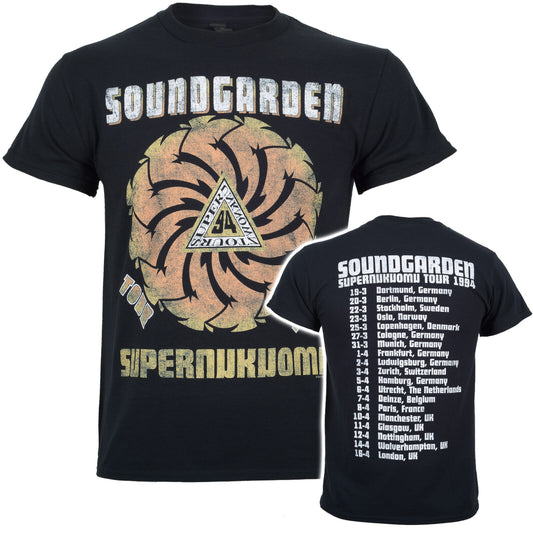 Black t-shirt with Soundgarden logo and 'Superunkown tour' design on front, and tour dates on back