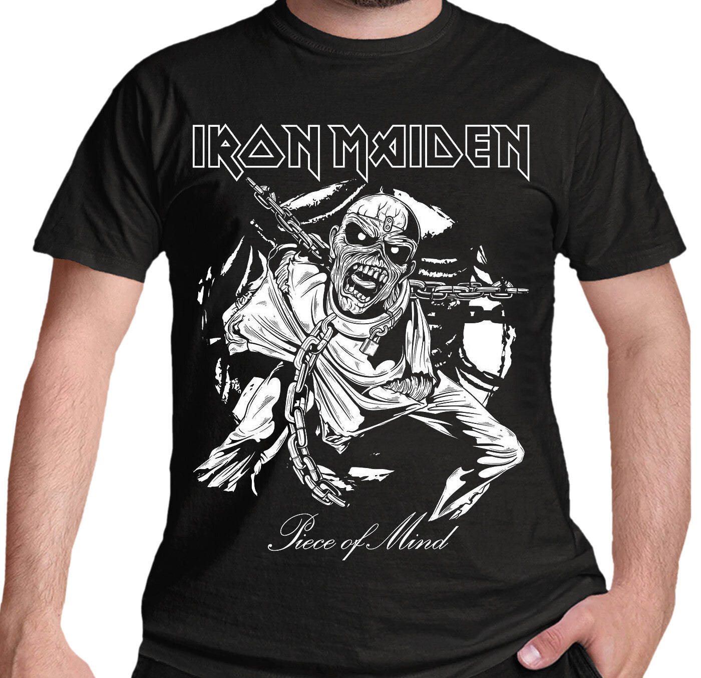 Official Iron Maiden t Shirt with a blck and white graphic of the piece of mind artwork on the front