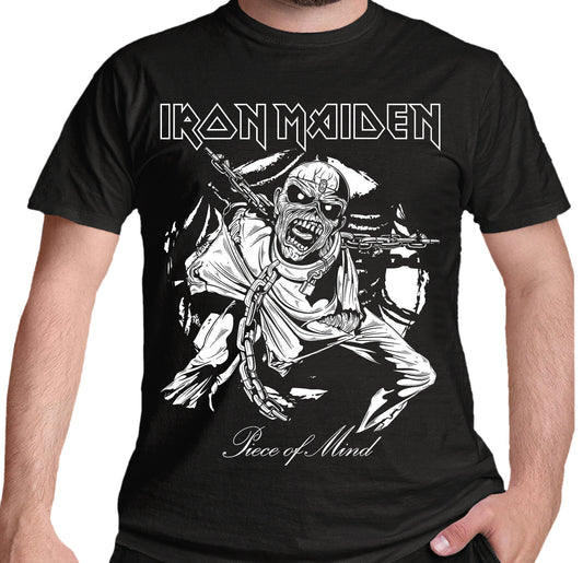 Official Iron Maiden t Shirt with a blck and white graphic of the piece of mind artwork on the front