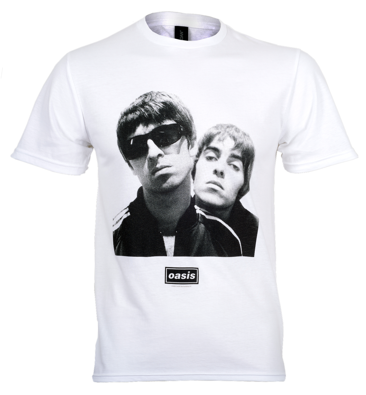 official White Oasis T Shirt with a photo of LIam and Noel Gallagher by Paul Slattery with Oasis Decca Logo on the front