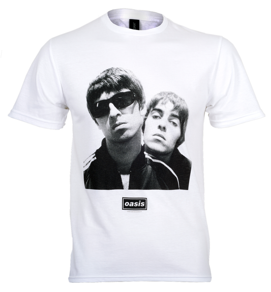 official White Oasis T Shirt with a photo of LIam and Noel Gallagher by Paul Slattery with Oasis Decca Logo on the front