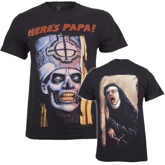 Official Ghost Black Here's Papa t-shirt with front graphic of Papa Emeritus iii and a nun on the back on a white background 