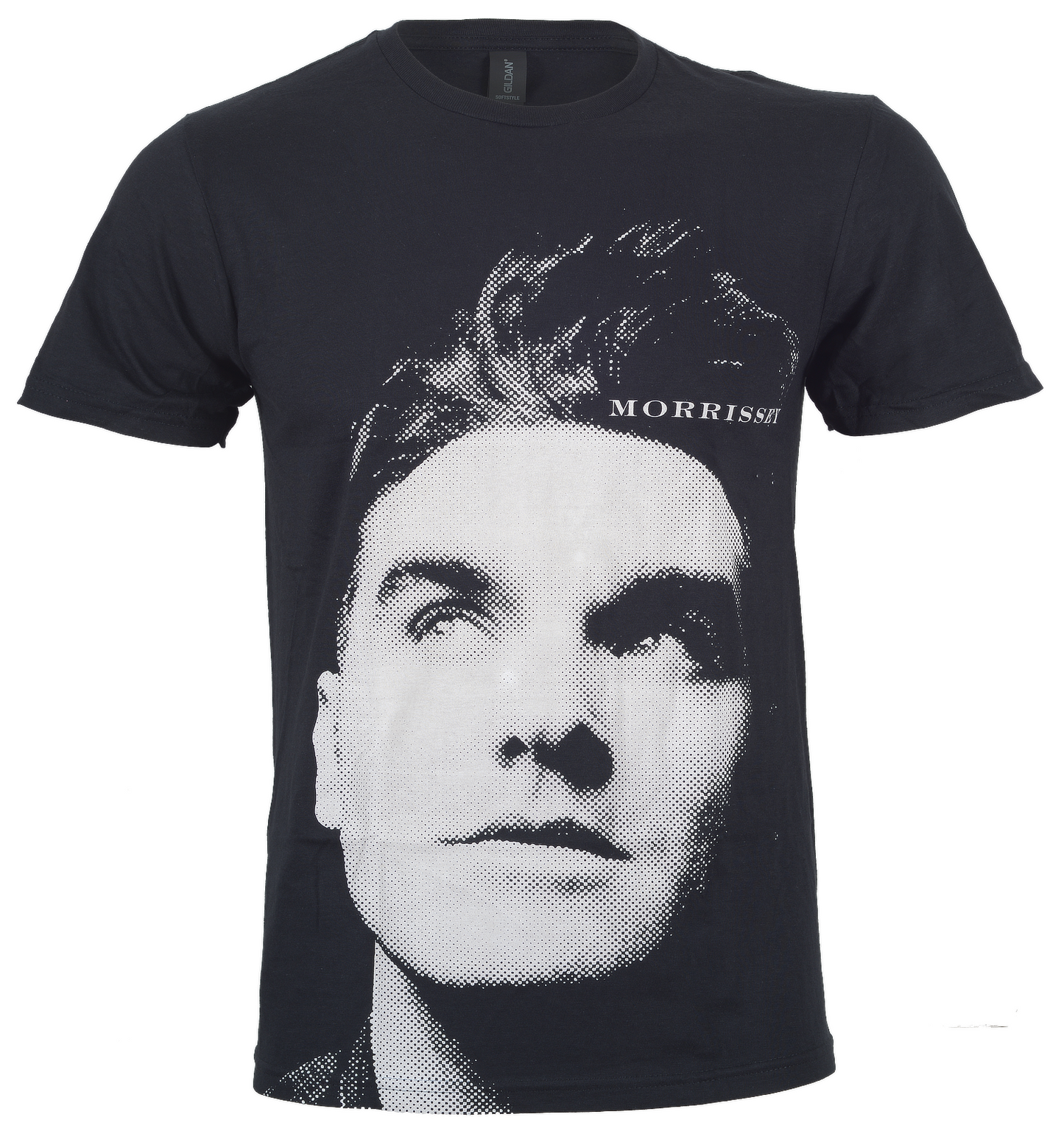 Black official Morrissey t-shirt with a graphic of Morrissey's face 'Morrissey' text on a white background