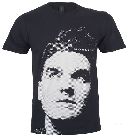 Black official Morrissey t-shirt with a graphic of Morrissey's face 'Morrissey' text on a white background