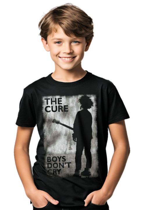 childrens cure t shirt in black boys don't cry design on the front