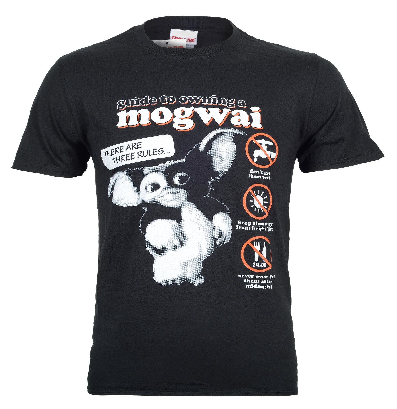 Black official Gremlins t-shirt with a graphic of a mogwai and text from 'Gremlins' on the front