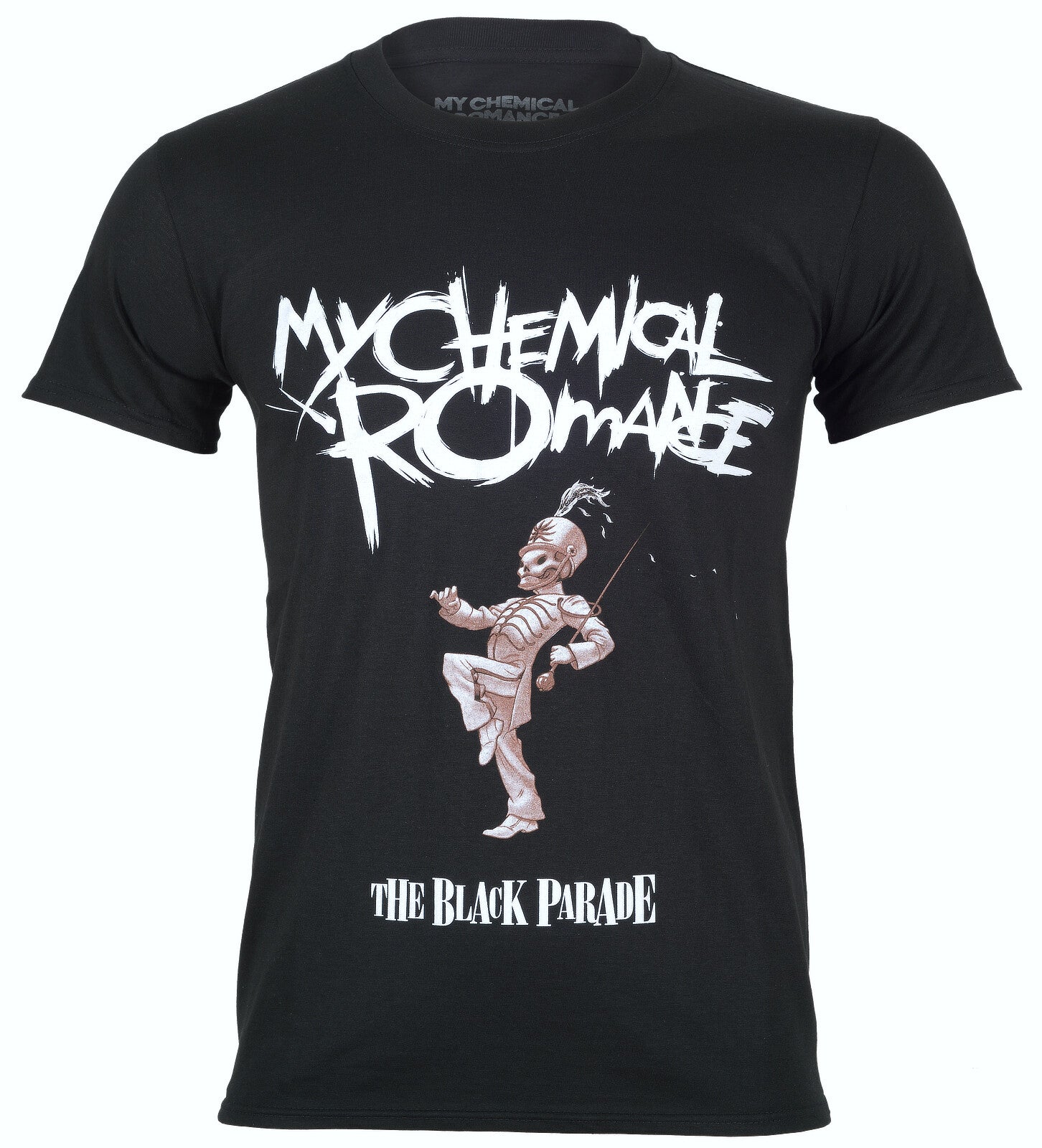 a black official My Chemical romance t shirt with MCR  the black parade text and a marching skeleton figure album cover art graphic on the front 