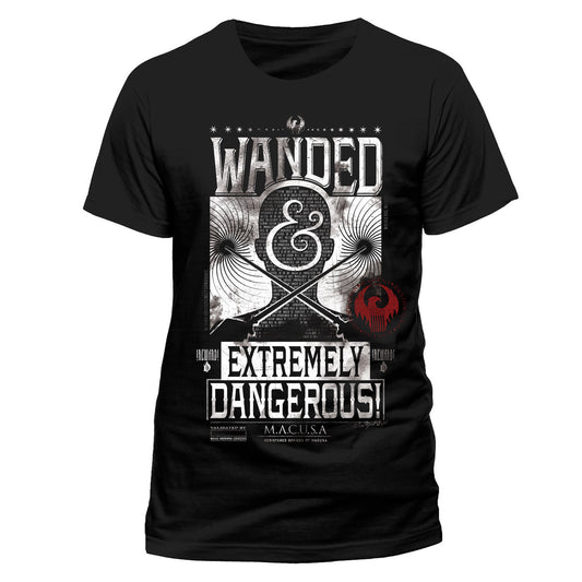 Black Fantastic Beasts t-shirt with graphic Wanded design and text on a white background