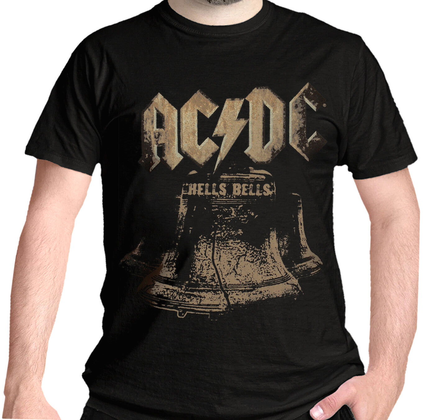 Official ACDC Hells Bells Graphic design black t shirt with a latge ac dc logo on front and some bells