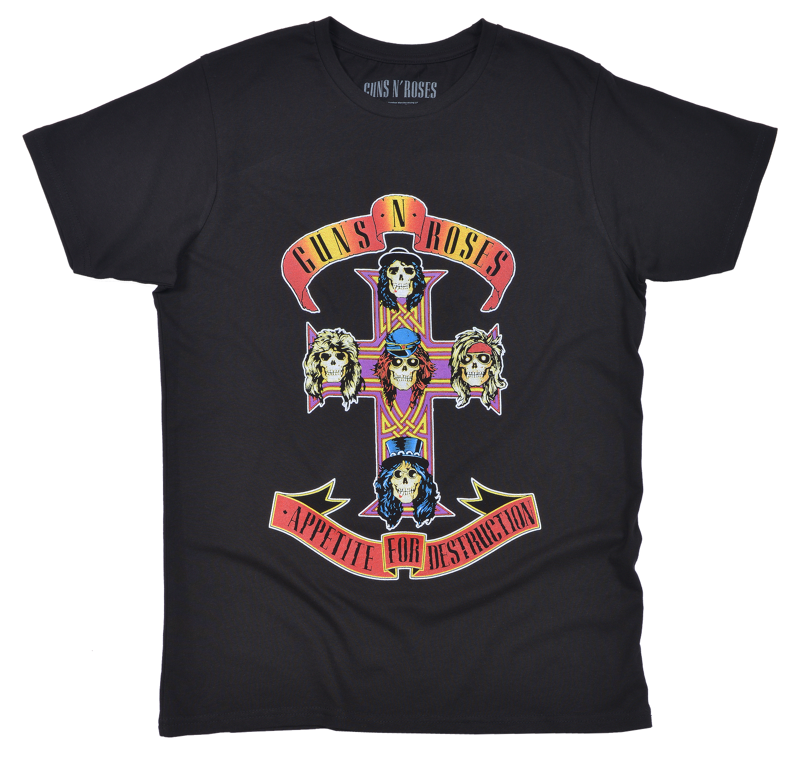 Official Guns N' Roses Appetite for Destruction T Shirt in black cotton laid flat on a white background