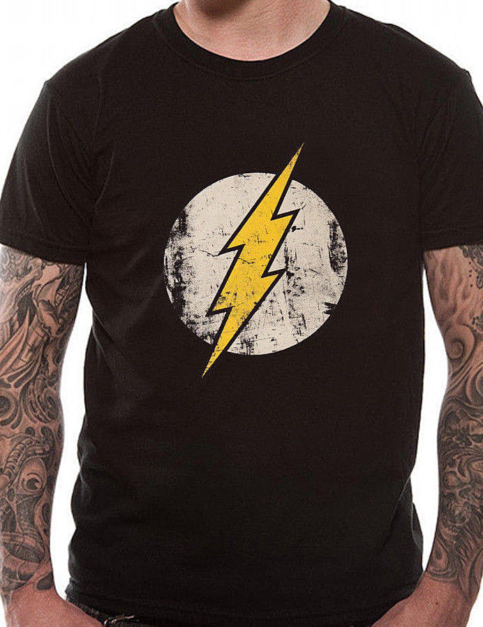 black official DC Comics T Shirt with a distressed look the Flash Superhero graphic on he front