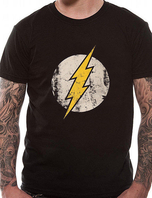 black official DC Comics T Shirt with a distressed look the Flash Superhero graphic on he front