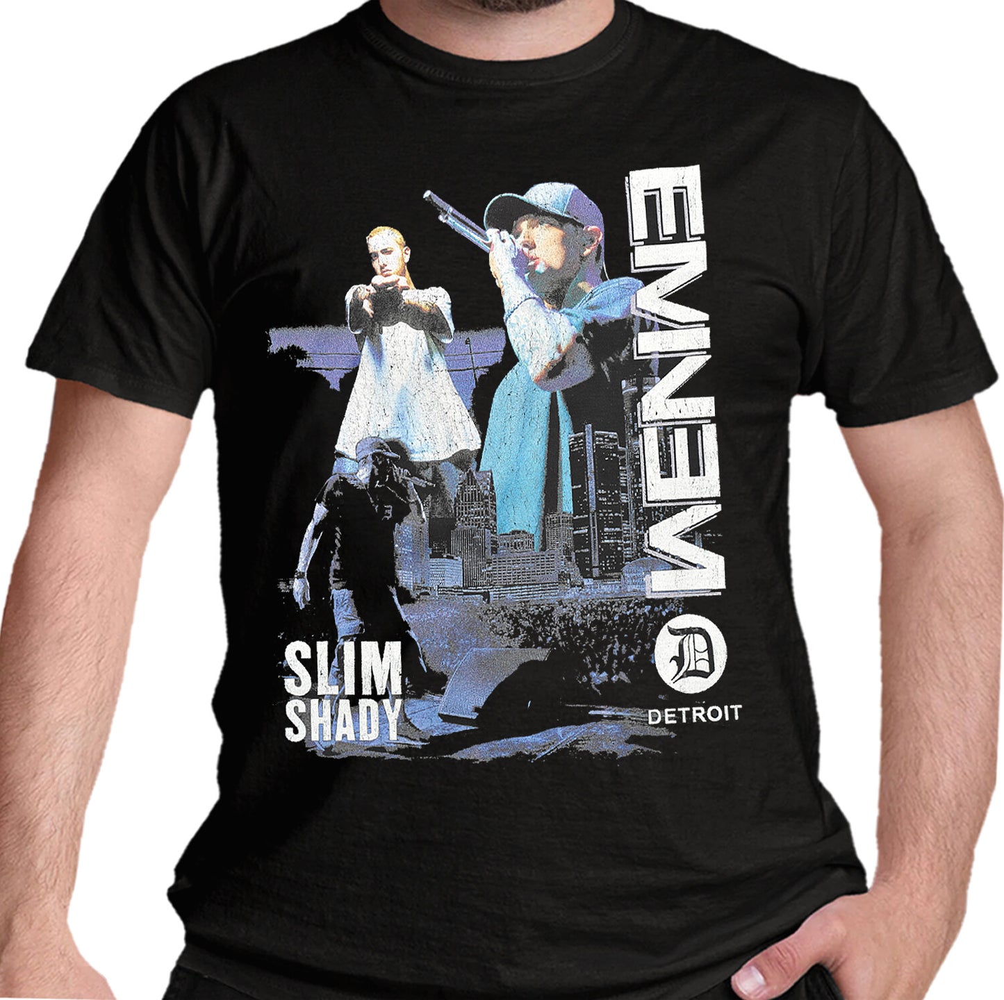 official black Eminem t shirt featuring images of marshall mathers live in detroit as slim shady