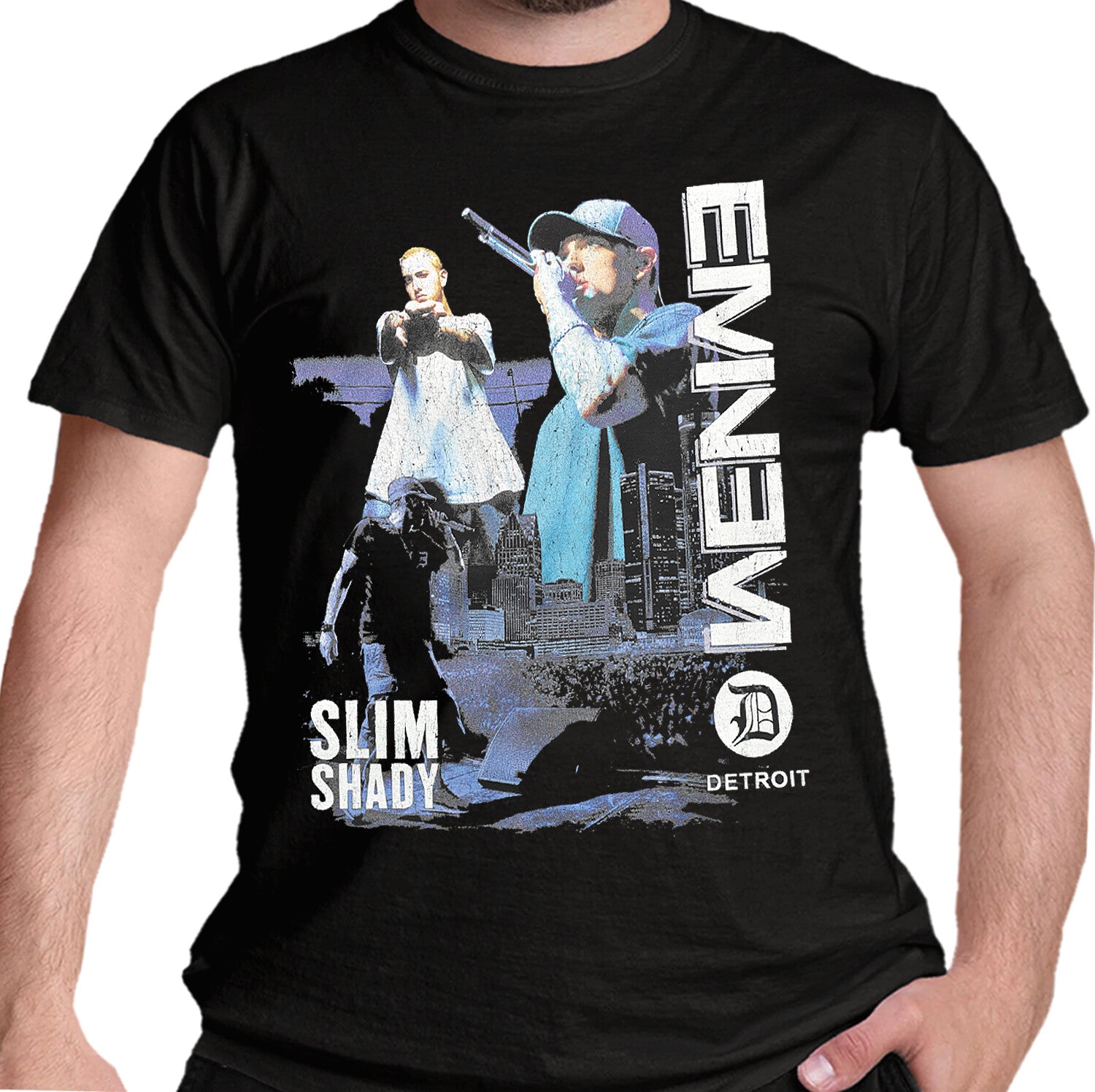 official black Eminem t shirt featuring images of marshall mathers live in detroit as slim shady