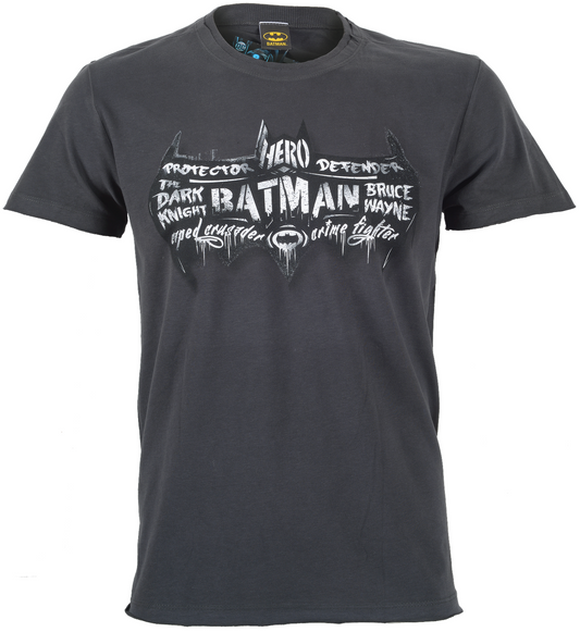 A premium Black raw edge design offcial Batman T Shirt with bat logo on the front