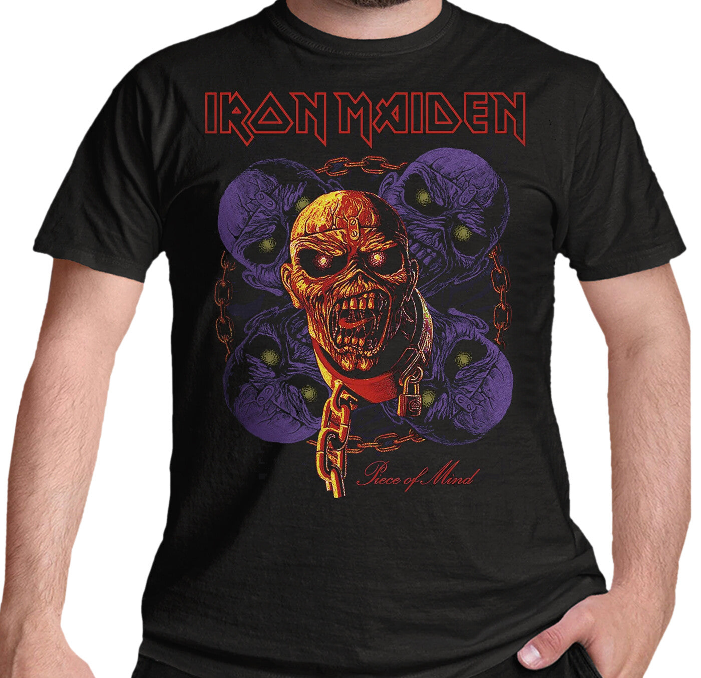 official black iron maiden t shirt with multi eddie head graphic on the front