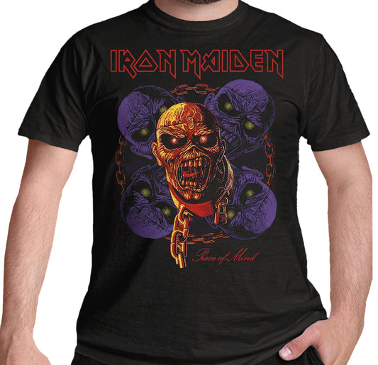 official black iron maiden t shirt with multi eddie head graphic on the front