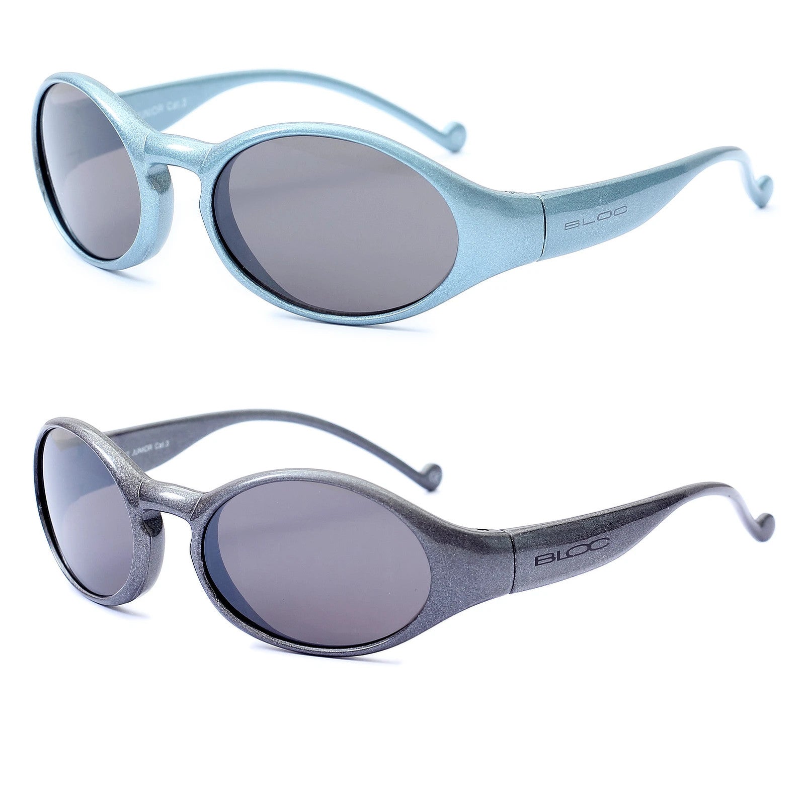 Two pairs of kids Bloc sunglasses with blue and gray frames on a white background