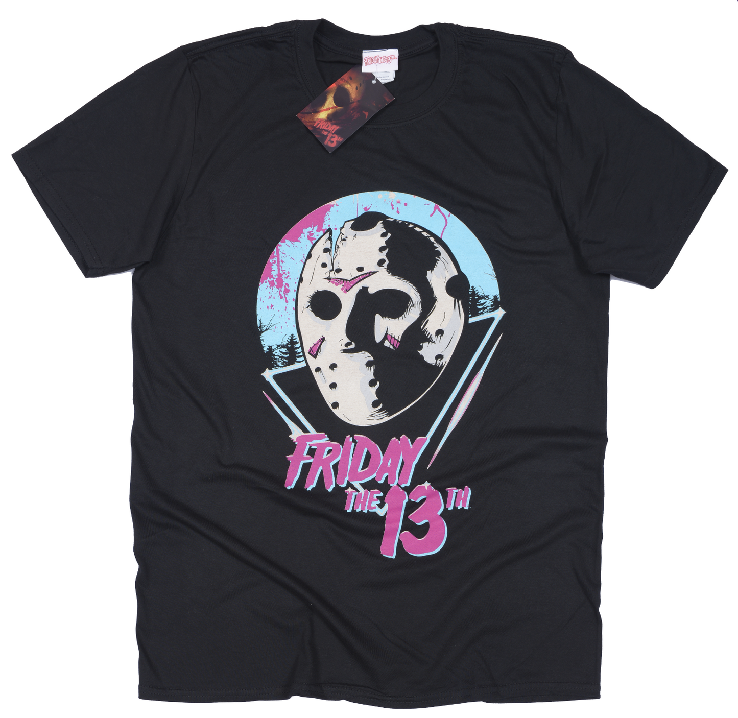 Official Black t-shirt with 'Friday the 13th' graphic design in an eighties pop style