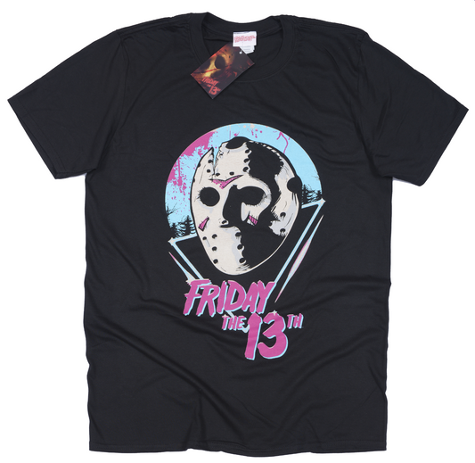 Official Black t-shirt with 'Friday the 13th' graphic design in an eighties pop style