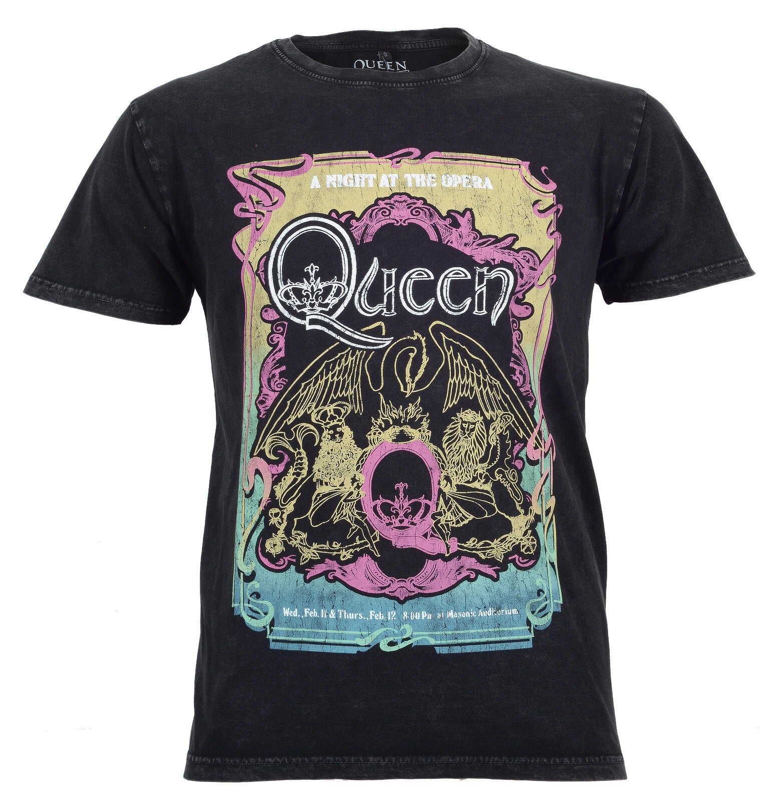 Official Queen Limited edition black stone wash t shirt with a night at the opera concert flyer on the front
