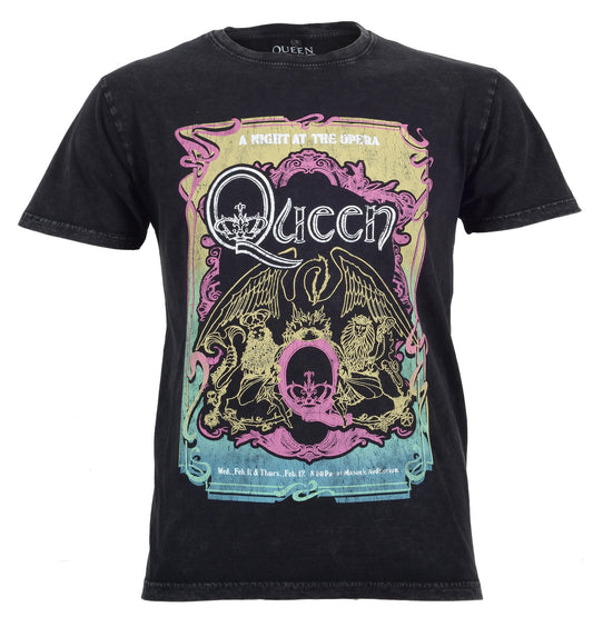 Official Queen Limited edition black stone wash t shirt with a night at the opera concert flyer on the front