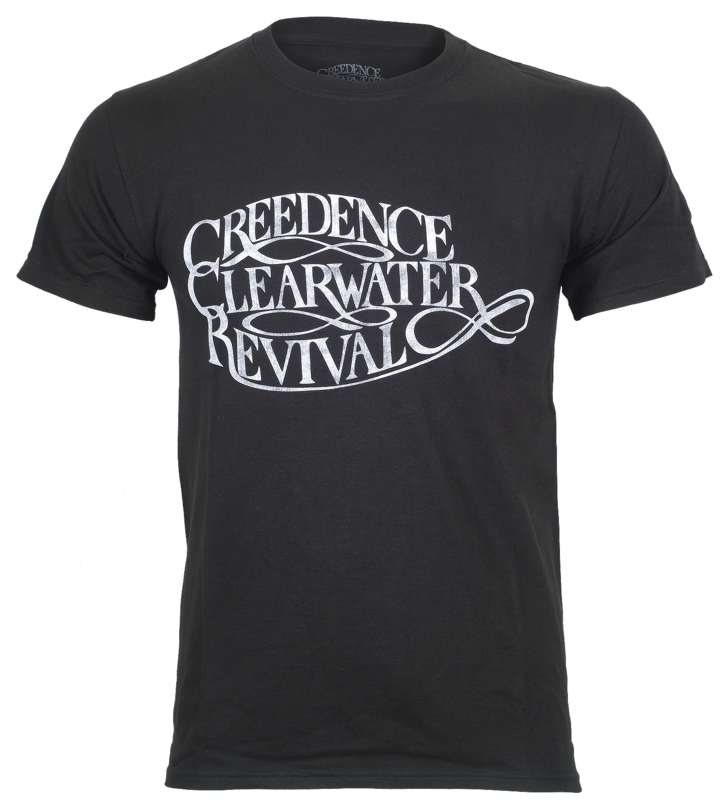 Black officially licensed cotton t-shirt with 'Creedence Clearwater Revival' logo on the front on a white background