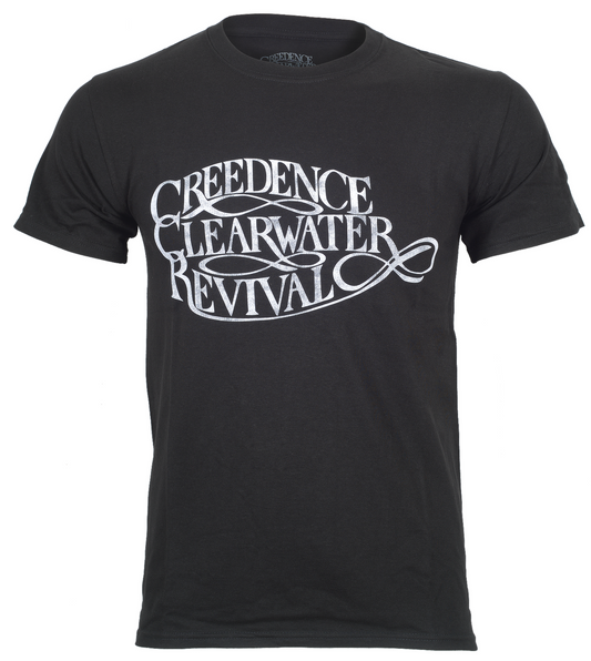 Black officially licensed cotton t-shirt with 'Creedence Clearwater Revival' logo on the front on a white background