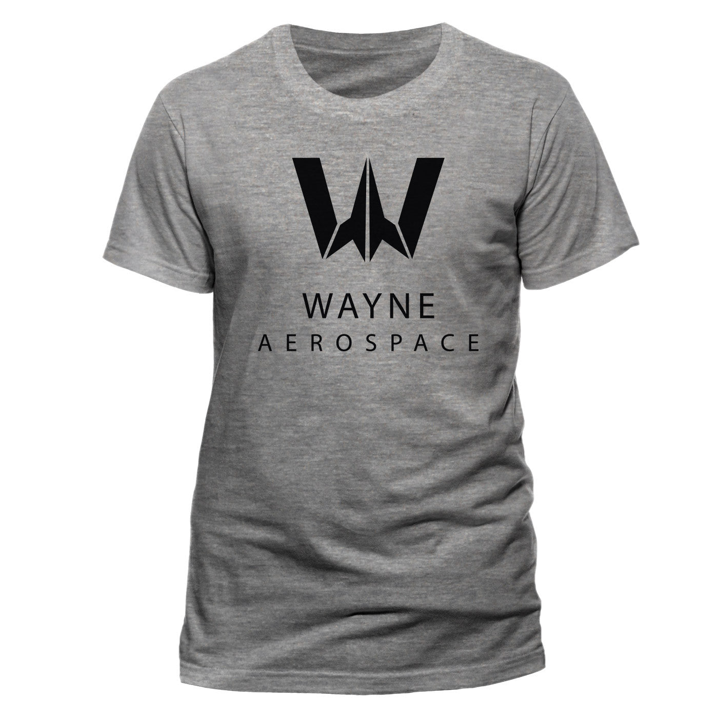 Official grey Batman T Shirt with Wayne Aerospace graphic logo on the front