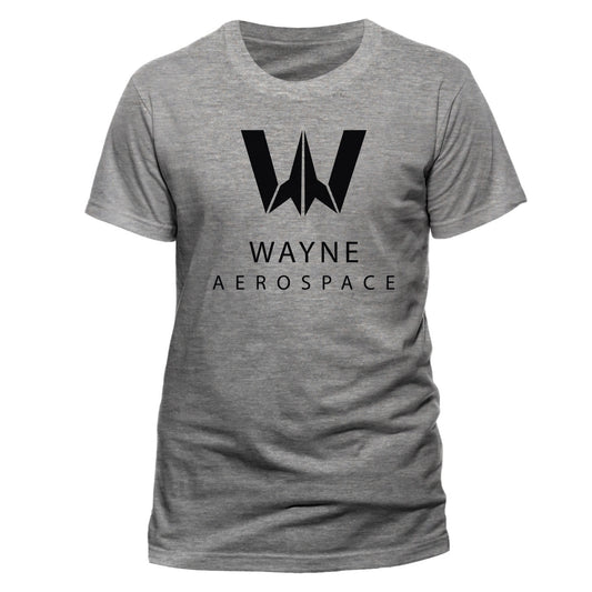 Official grey Batman T Shirt with Wayne Aerospace graphic logo on the front