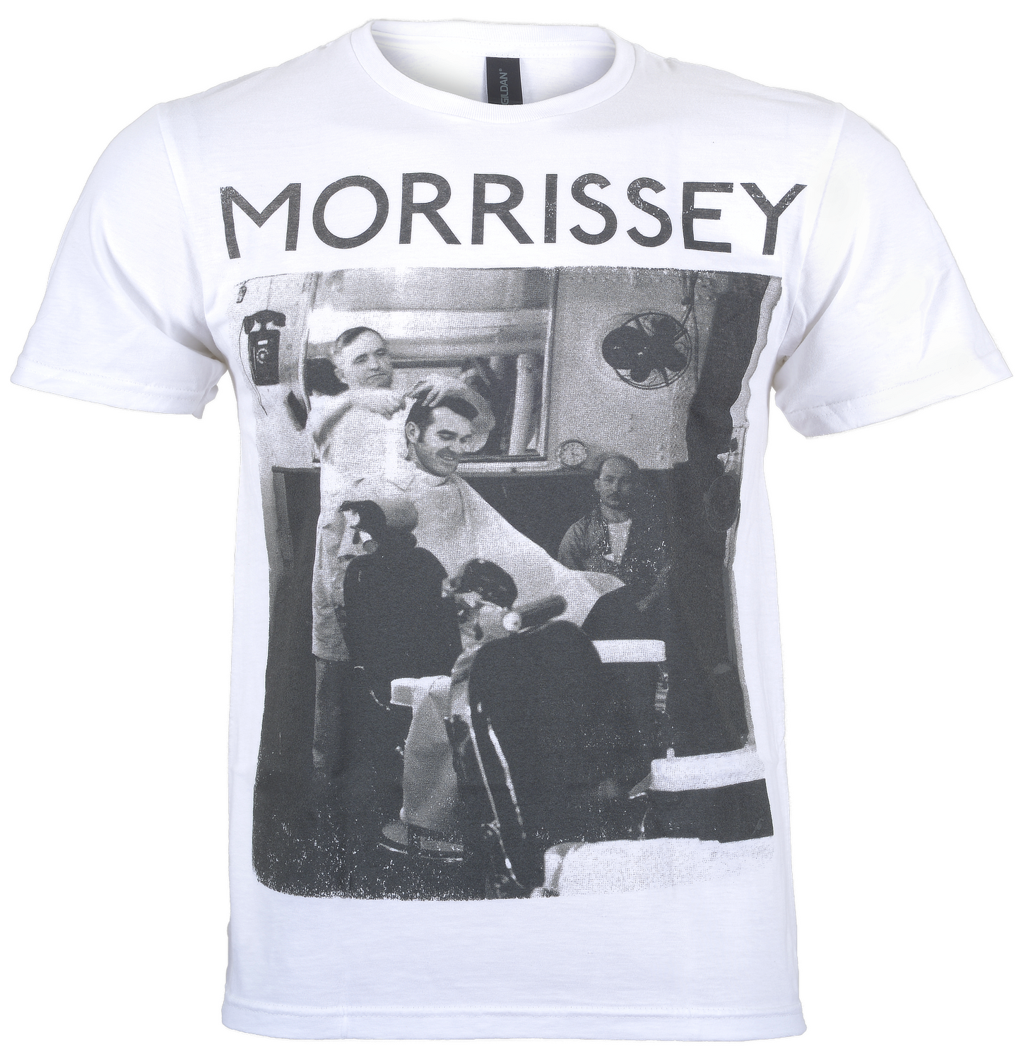 Official White morrissey t shirt with morrissey text and the iconic smiths front man getting a haircut in a barbershop photo on the front