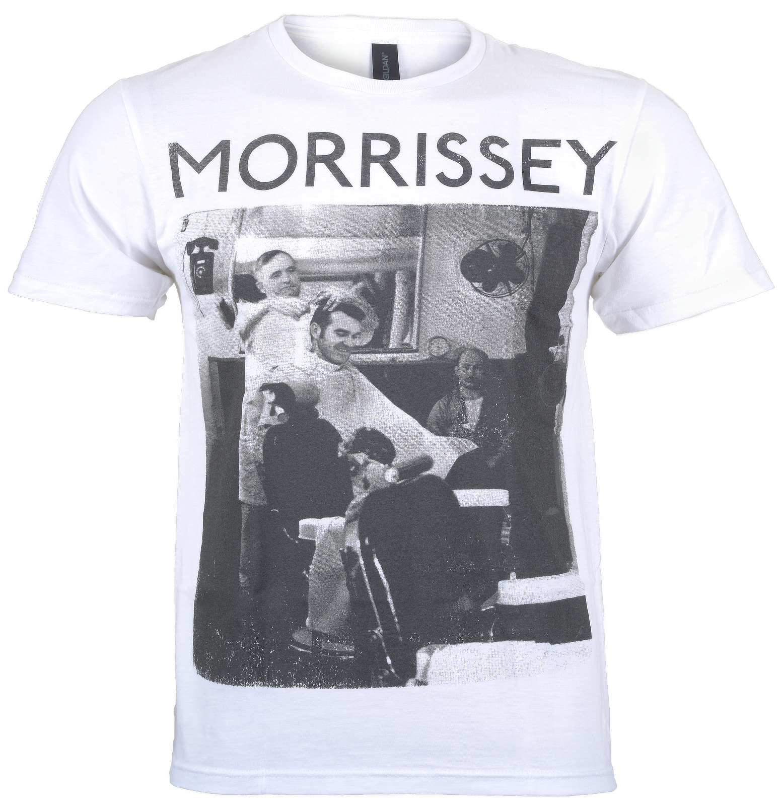 Official White morrissey t shirt with morrissey text and the iconic smiths front man getting a haircut in a barbershop photo on the front