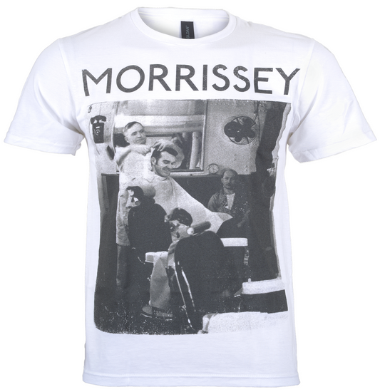 Official White morrissey t shirt with morrissey text and the iconic smiths front man getting a haircut in a barbershop photo on the front