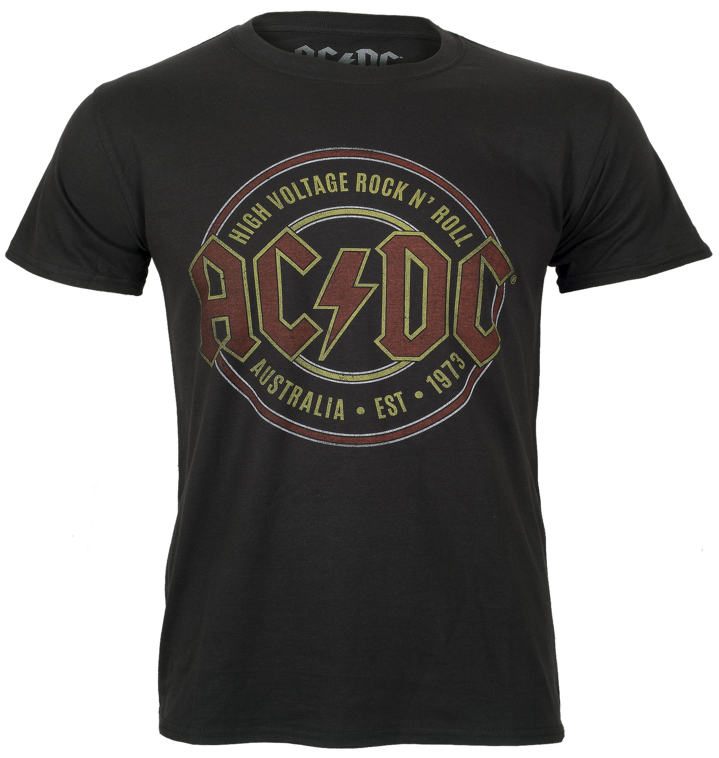 black officially licensed acdc t shirt with established 1973 high voltage rock n roll graphic print on the front